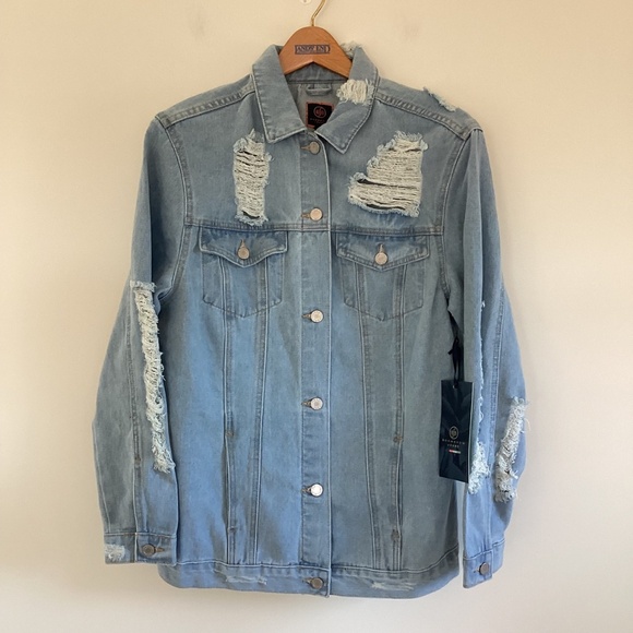 Boom Boom Distressed Torn Moto Jean Denim Trucker Jacket Sz L Relaxed Fit NWT - Picture 2 of 14